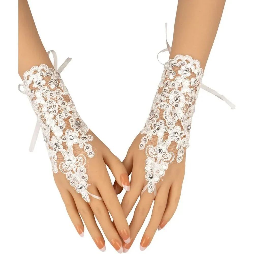 Women's Rhinestone Fingerless White Gloves Bride Wedding Party Prom Accessories
